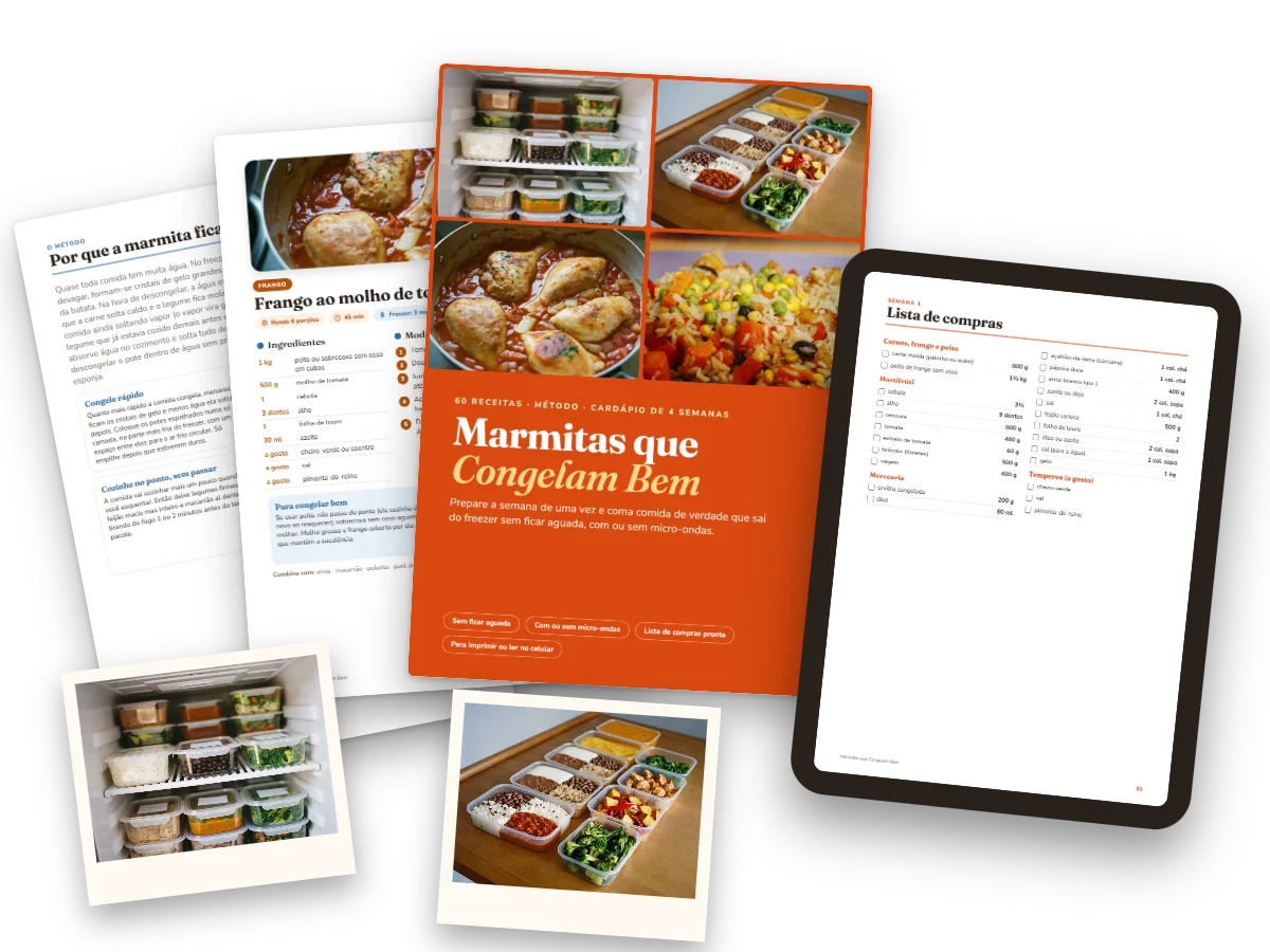 Guia Marmitas que Congelam Bem impresso e no tablet, com receitas, método e lista de compras
